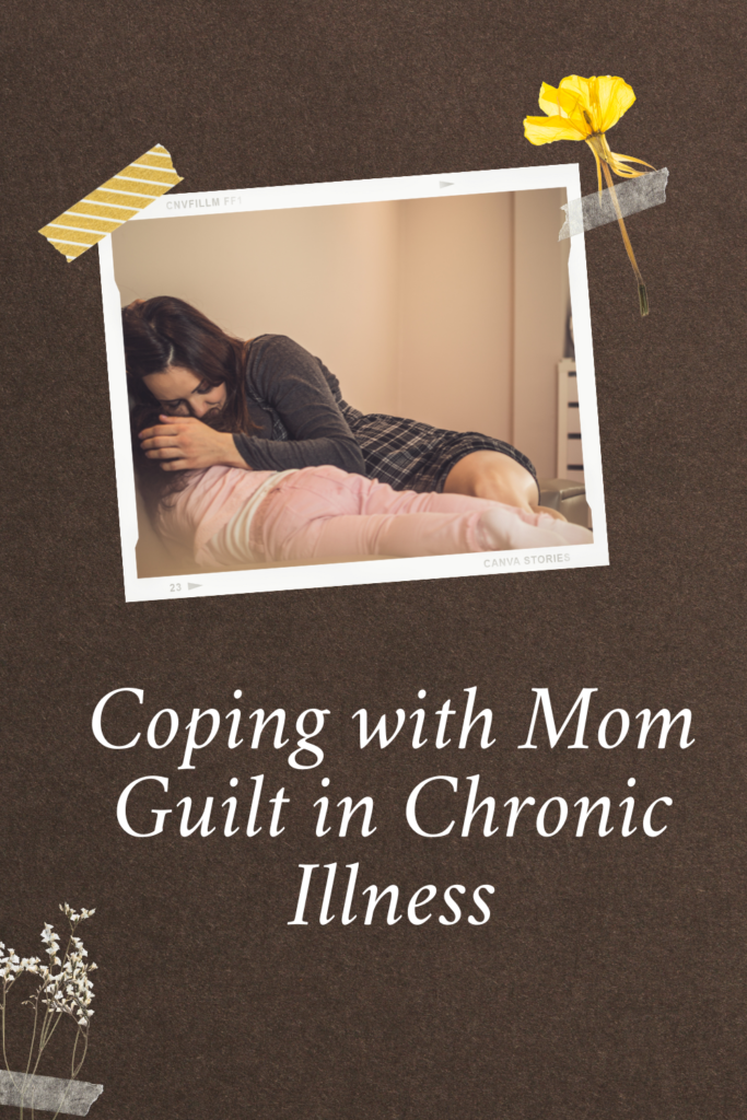 Shows a mother and child cuddling in bed. Caption: coping with mom guilt. 